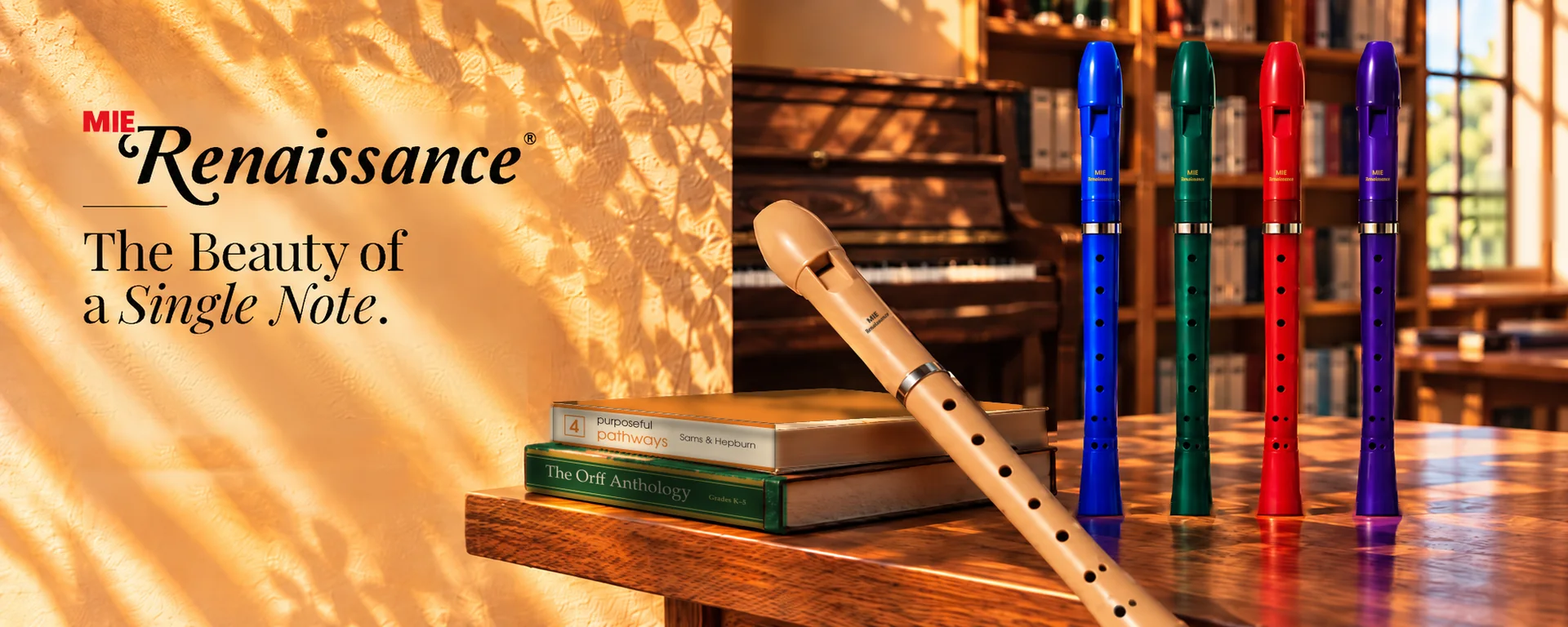 MIE Renaissance recorders on a wooden table beside a piano. The Beauty of a Single Note.