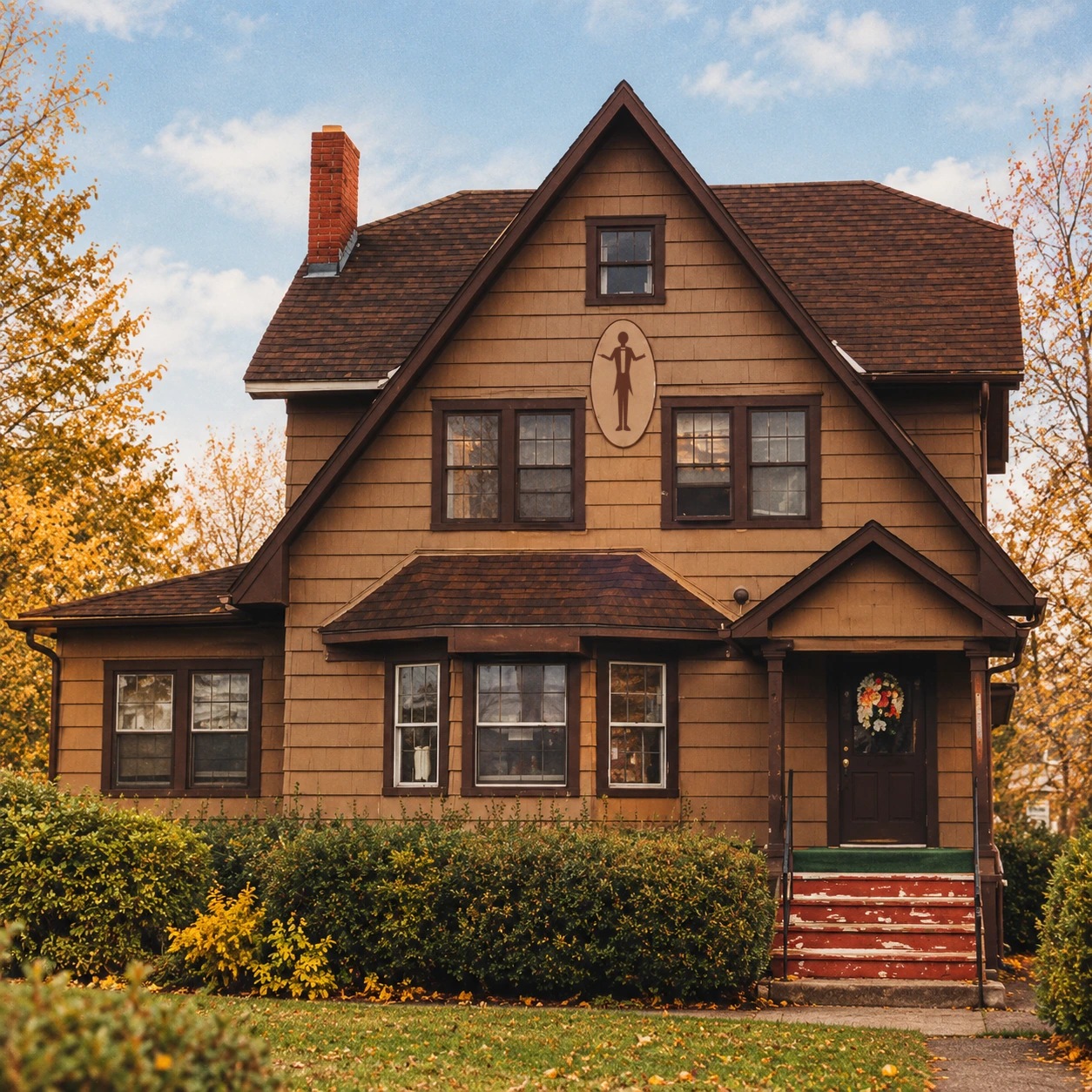 A brown shingled house with the Motter's composer sign on its front gable